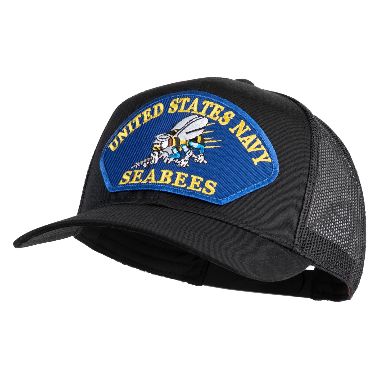 Navy blue cap with United States Navy Seabees patch on a white background