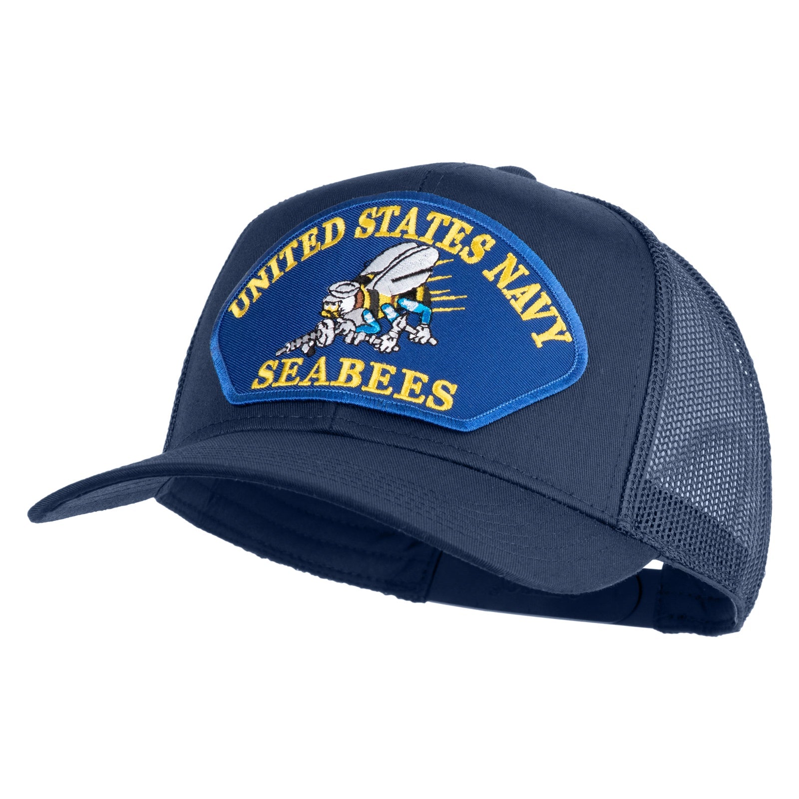 Navy blue cap with United States Navy Seabees patch on a white background