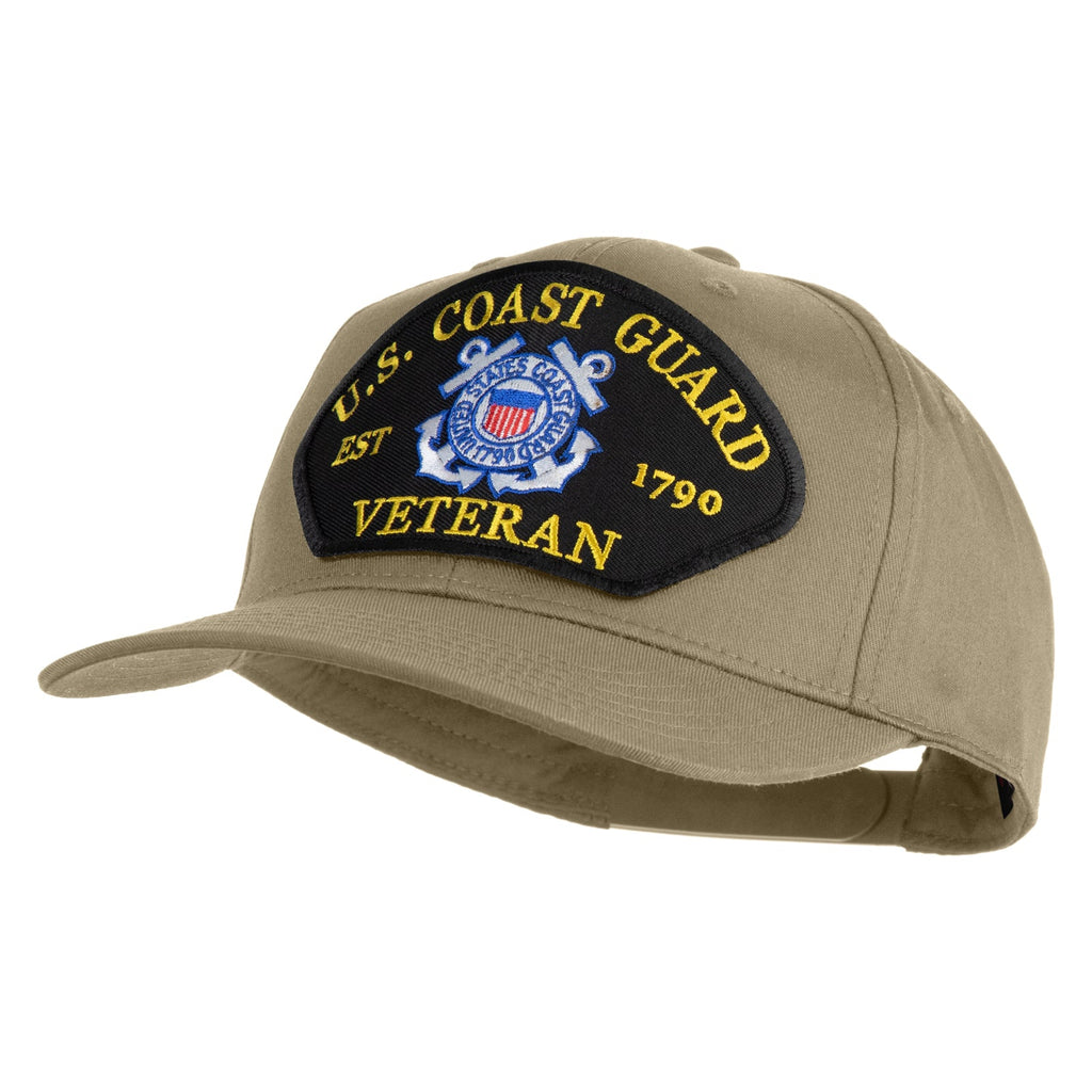 Khaki cap with U.S. Coast Guard Veteran patch on a white background