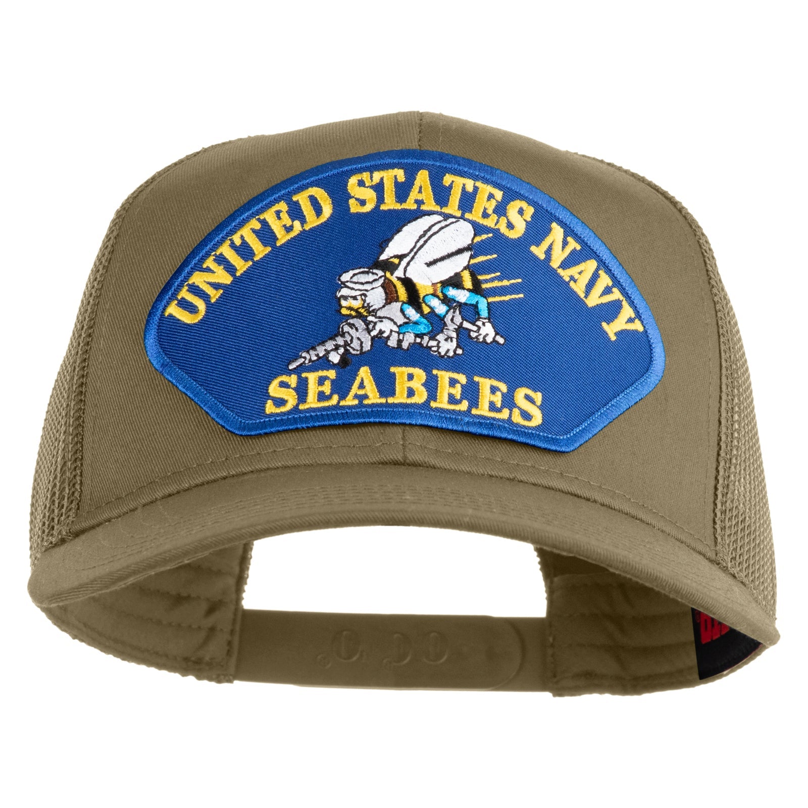 Khaki cap with United States Navy Seabees patch on a white background