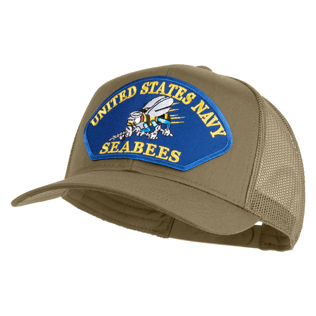 Brown cap with United States Navy Seabees patch on a white background