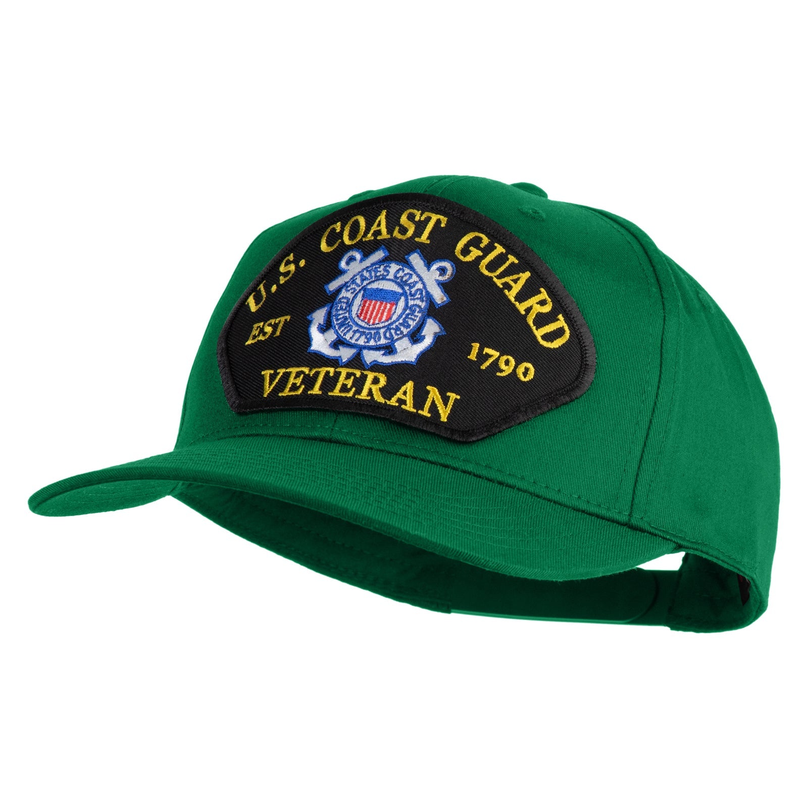 Green cap with U.S. Coast Guard Veteran patch on a white background