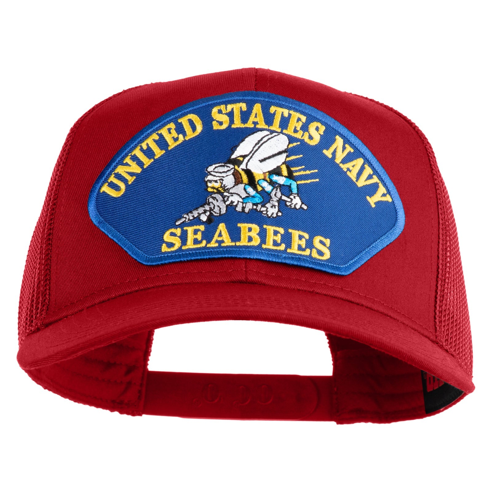 Red cap with United States Navy Seabees patch on a white background