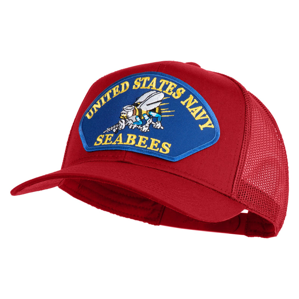 Red cap with United States Navy Seabees patch on a white background