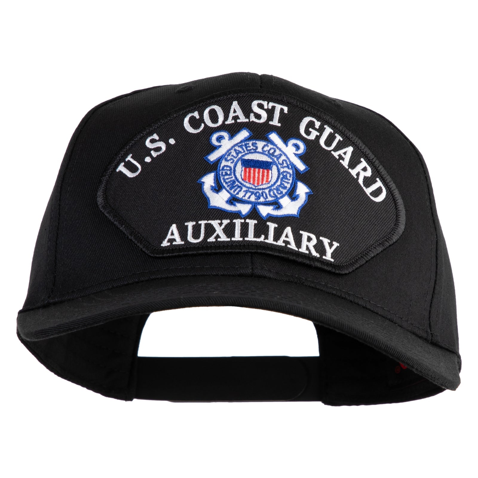Black cap with U.S. Coast Guard Auxiliary logo on a white background