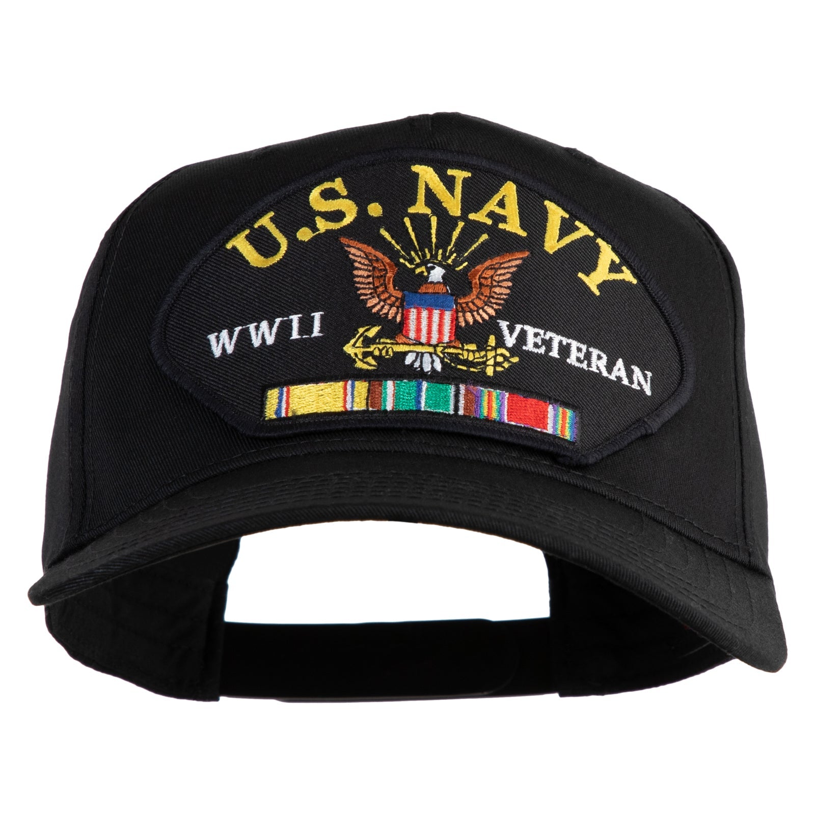 Black cap with U.S. Navy WWII Veteran patch on a white background