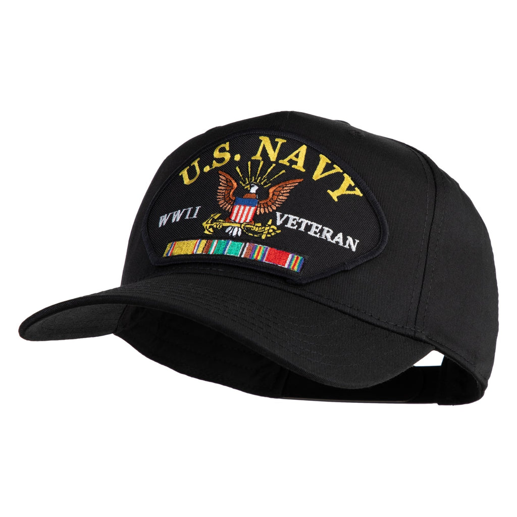 Black cap with U.S. Navy WWII Veteran patch on a white background