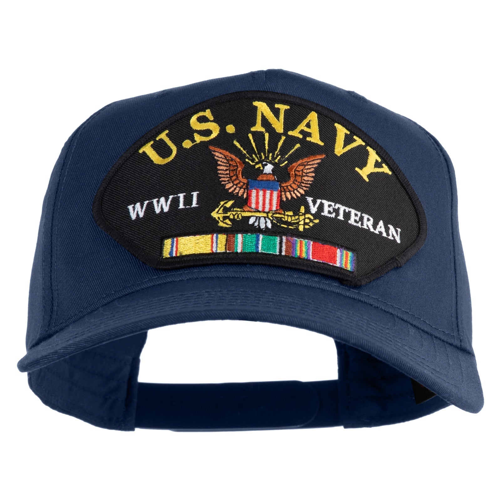 Navy blue cap with U.S. Navy WWII Veteran patch on a white background