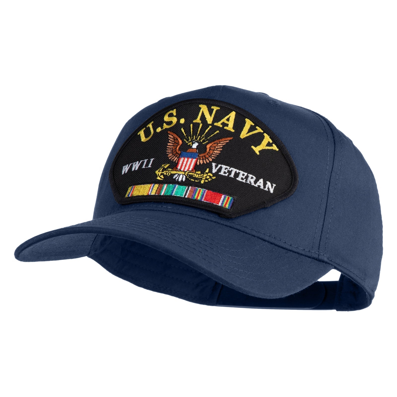 Blue cap with U.S. Navy WWII Veteran patch on a white background