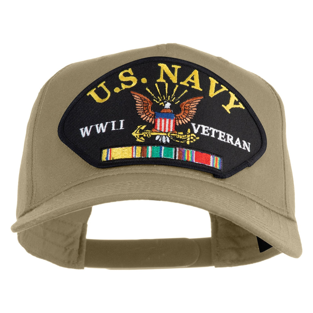 Khaki cap with U.S. Navy WWII Veteran patch on a white background