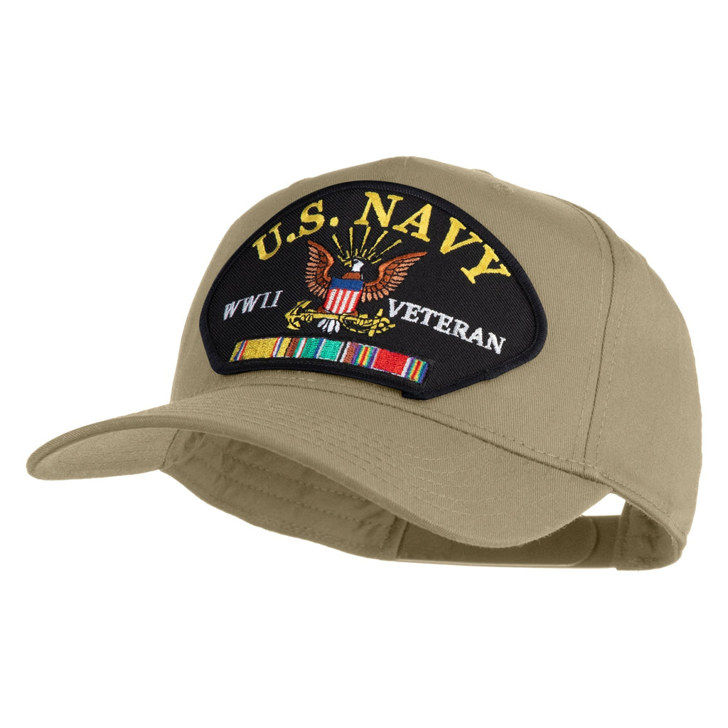 Khaki cap with U.S. Navy WWII Veteran patch on a white background