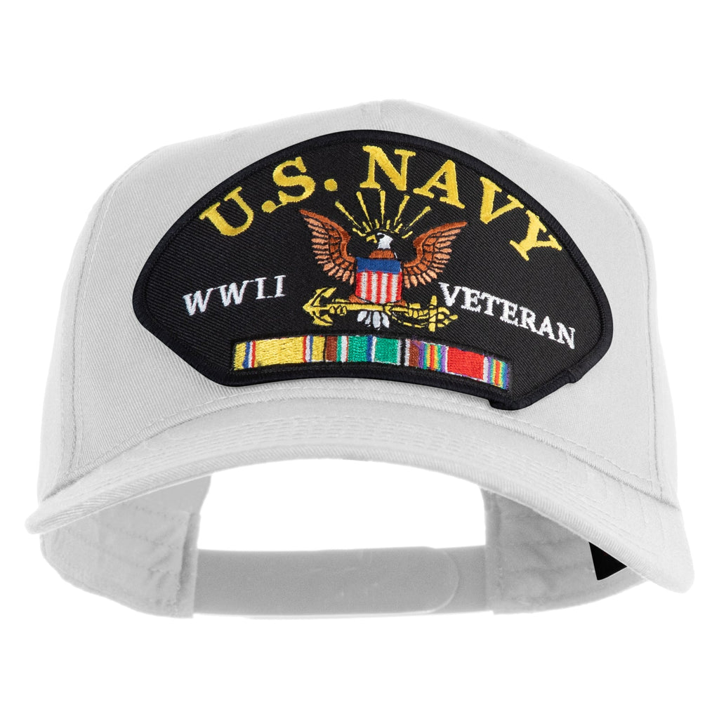 White cap with U.S. Navy WWII Veteran patch on a white background