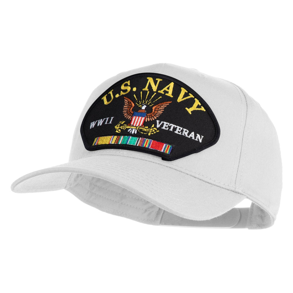 White cap with U.S. Navy WWII Veteran patch on a white background