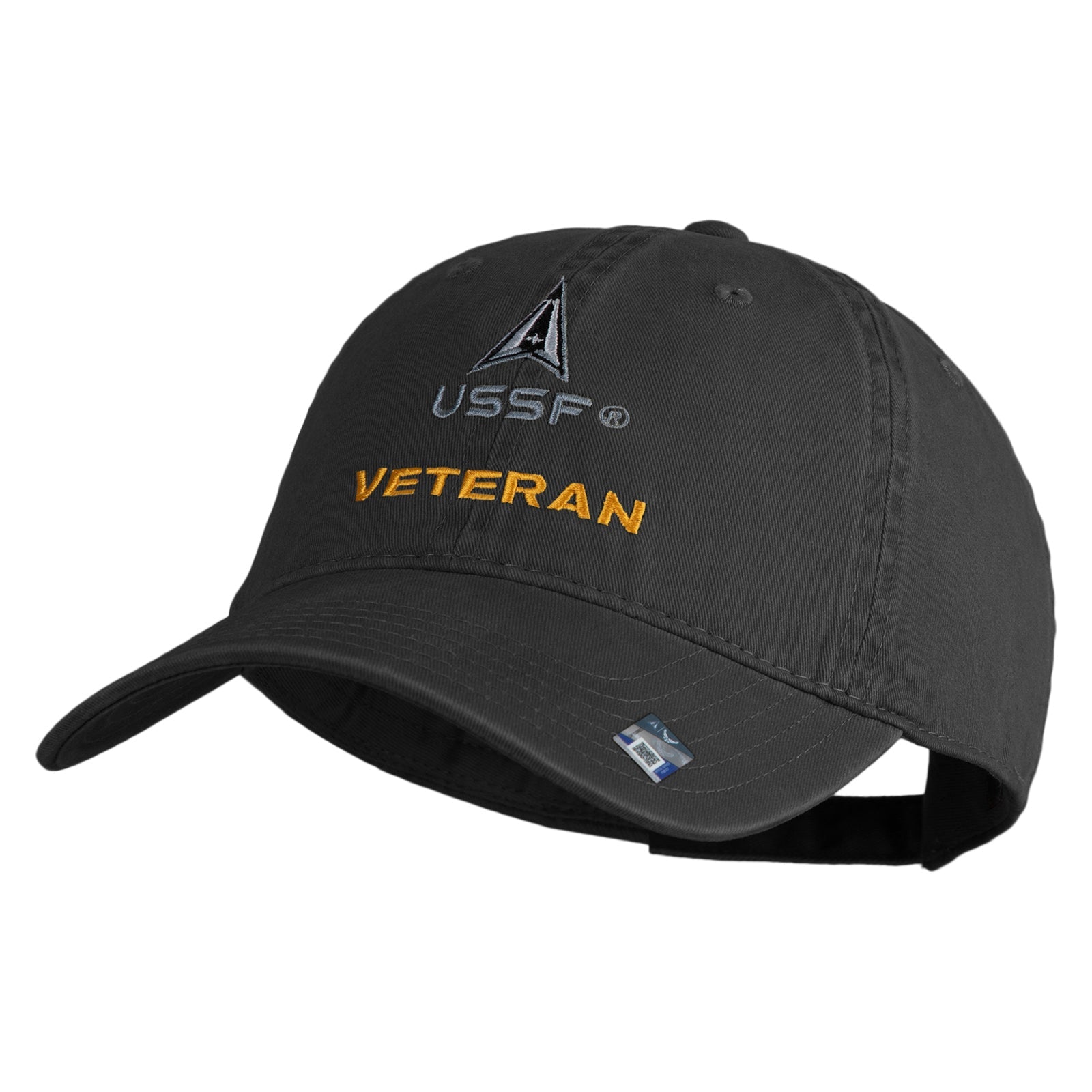 Black cap with USSF Veteran text on a white background