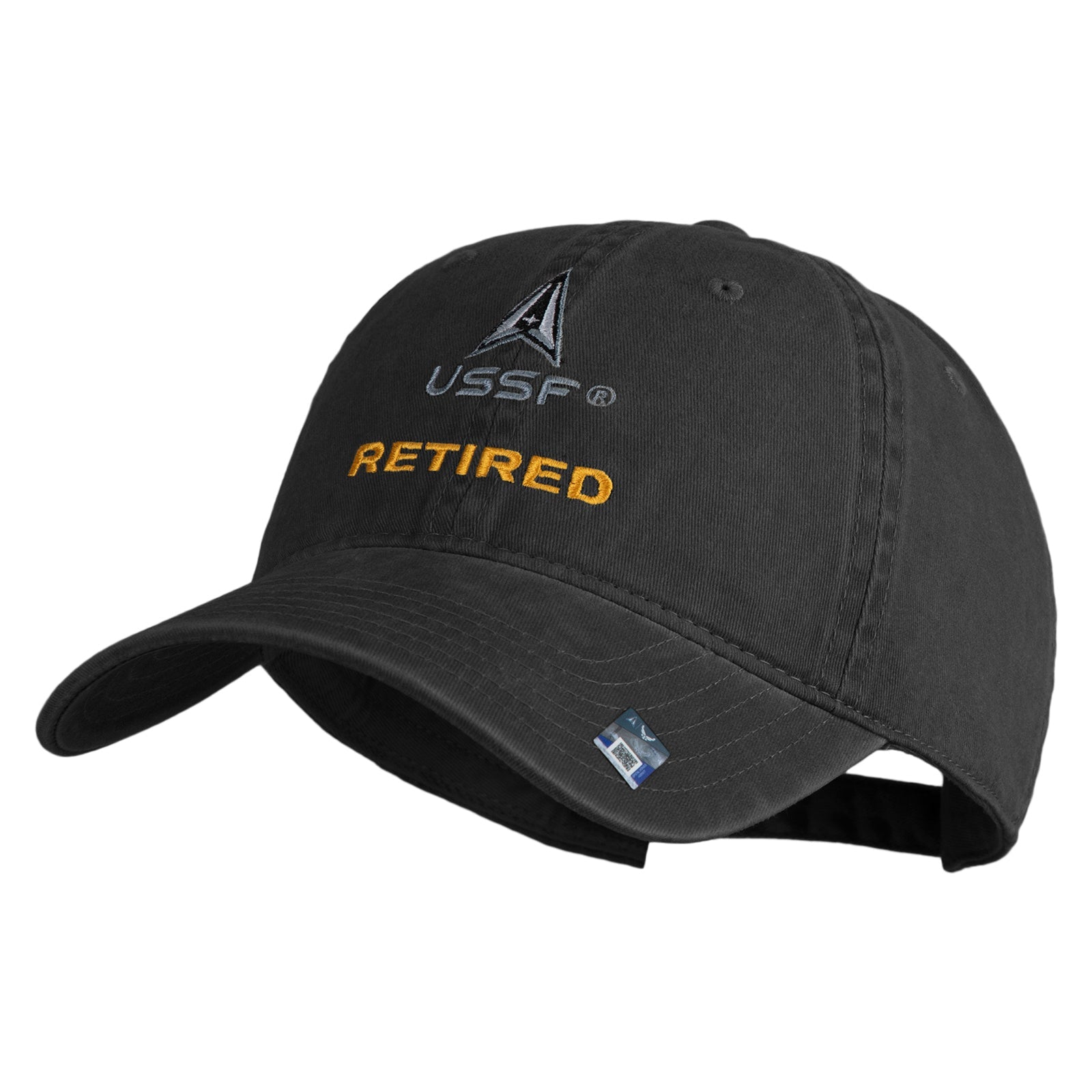 Black cap with 'USSF Retired' text on a white background
