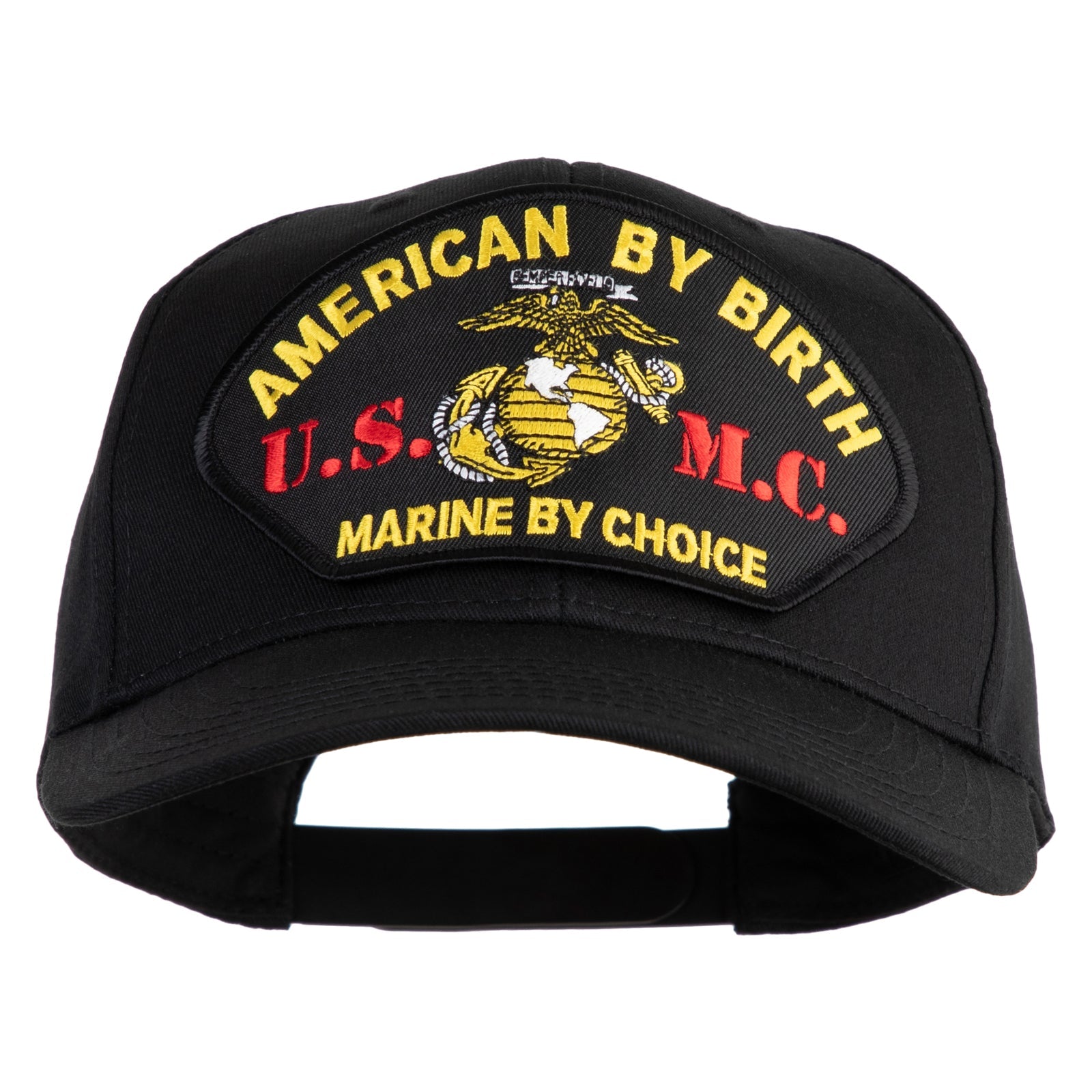 Black cap with embroidered text and U.S. Marine Corps emblem on a white background