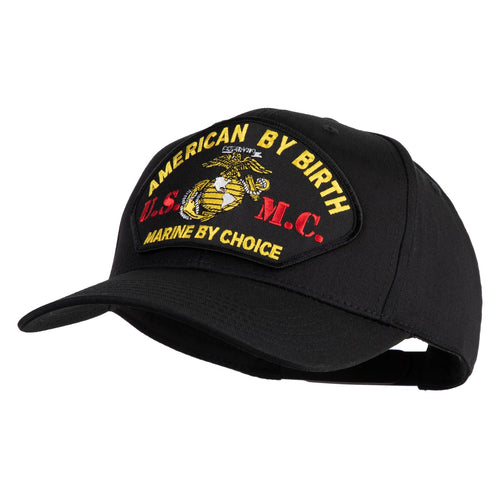 Black cap with a patch reading 'American by birth, Marine by choice' on a white background