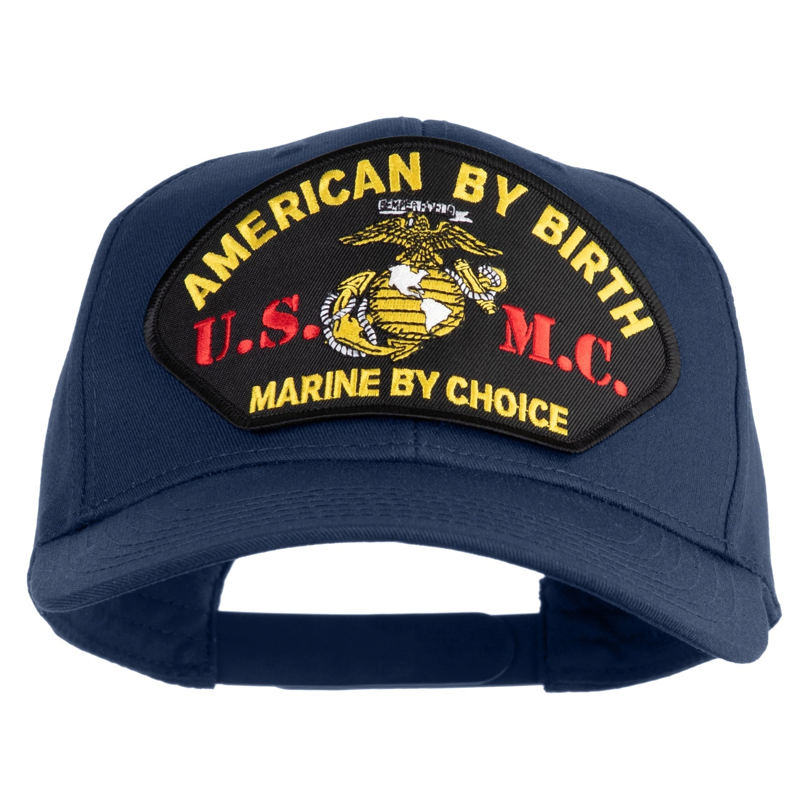 Blue cap with a U.S. Marine Corps patch on a white background