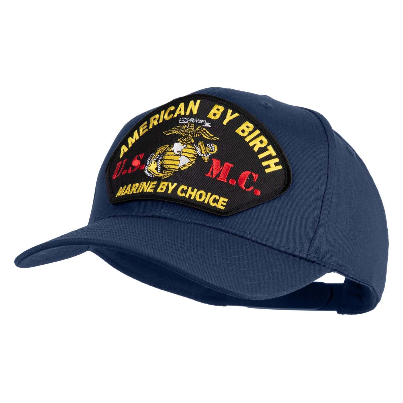 Blue cap with a patch reading 'American by birth, Marine by choice' on a white background