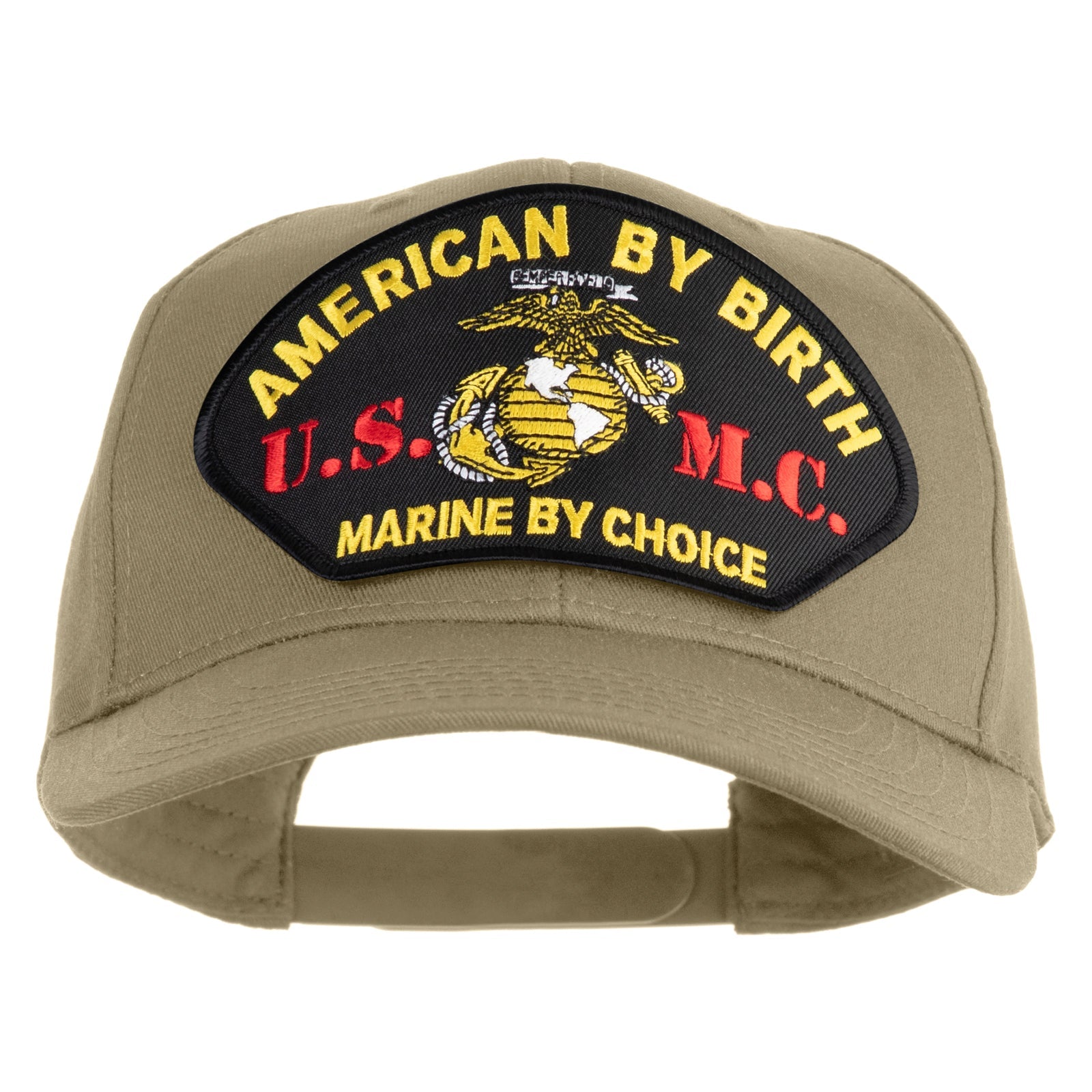 Khaki cap with a U.S. Marine Corps patch on a white background