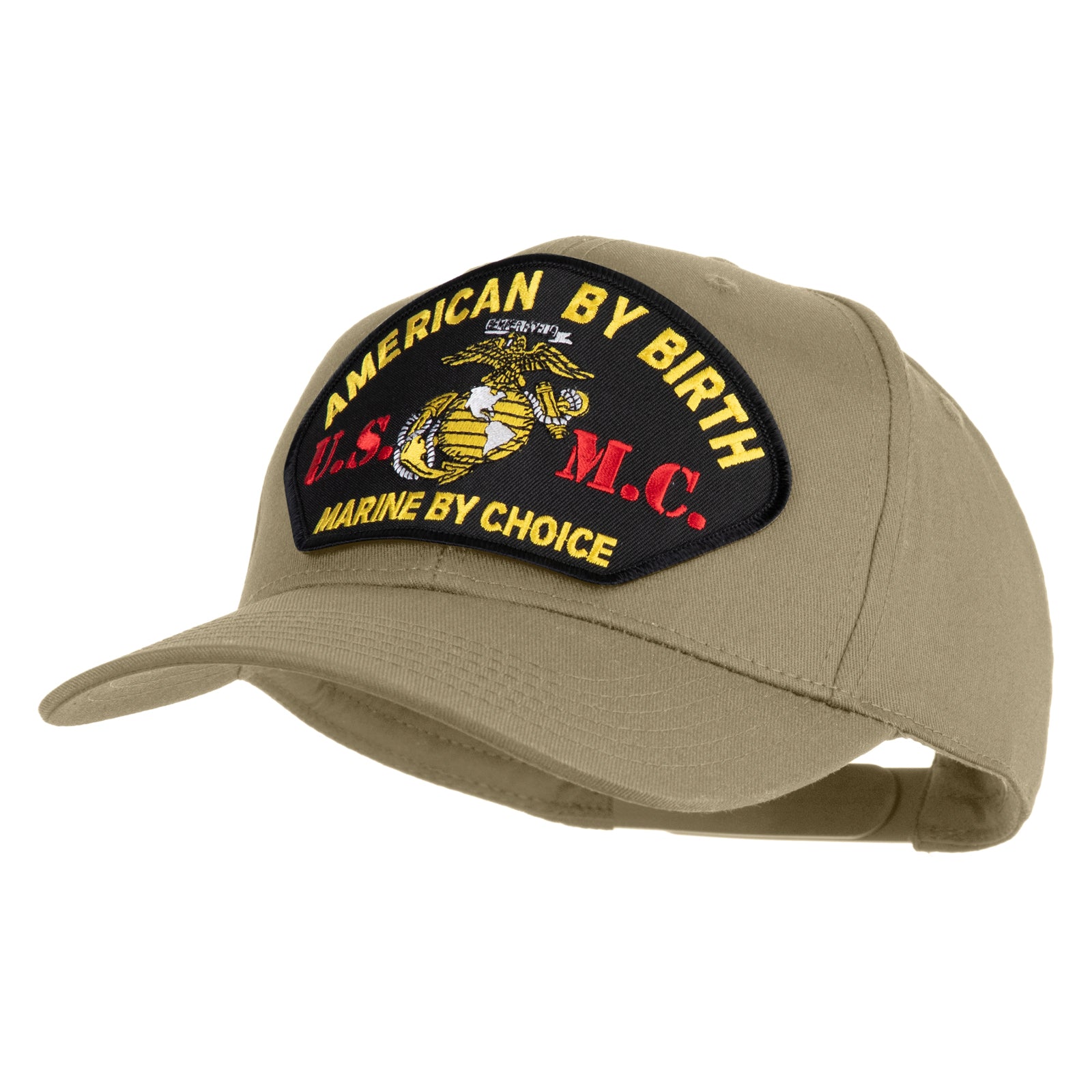 Khaki cap with a patch reading 'American by birth, Marine by choice' on a white background