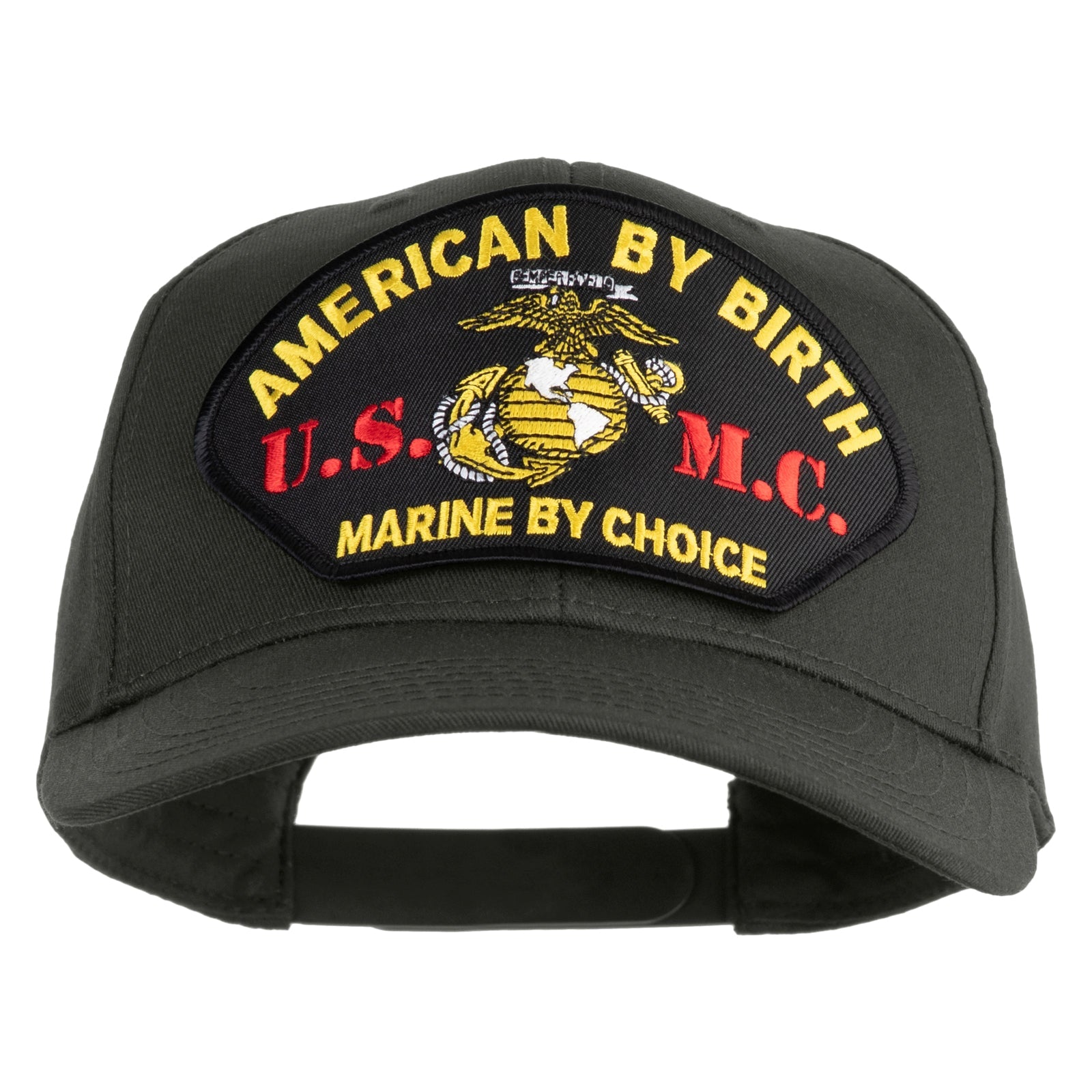 Black cap with embroidered text and U.S. Marine Corps emblem on a white background
