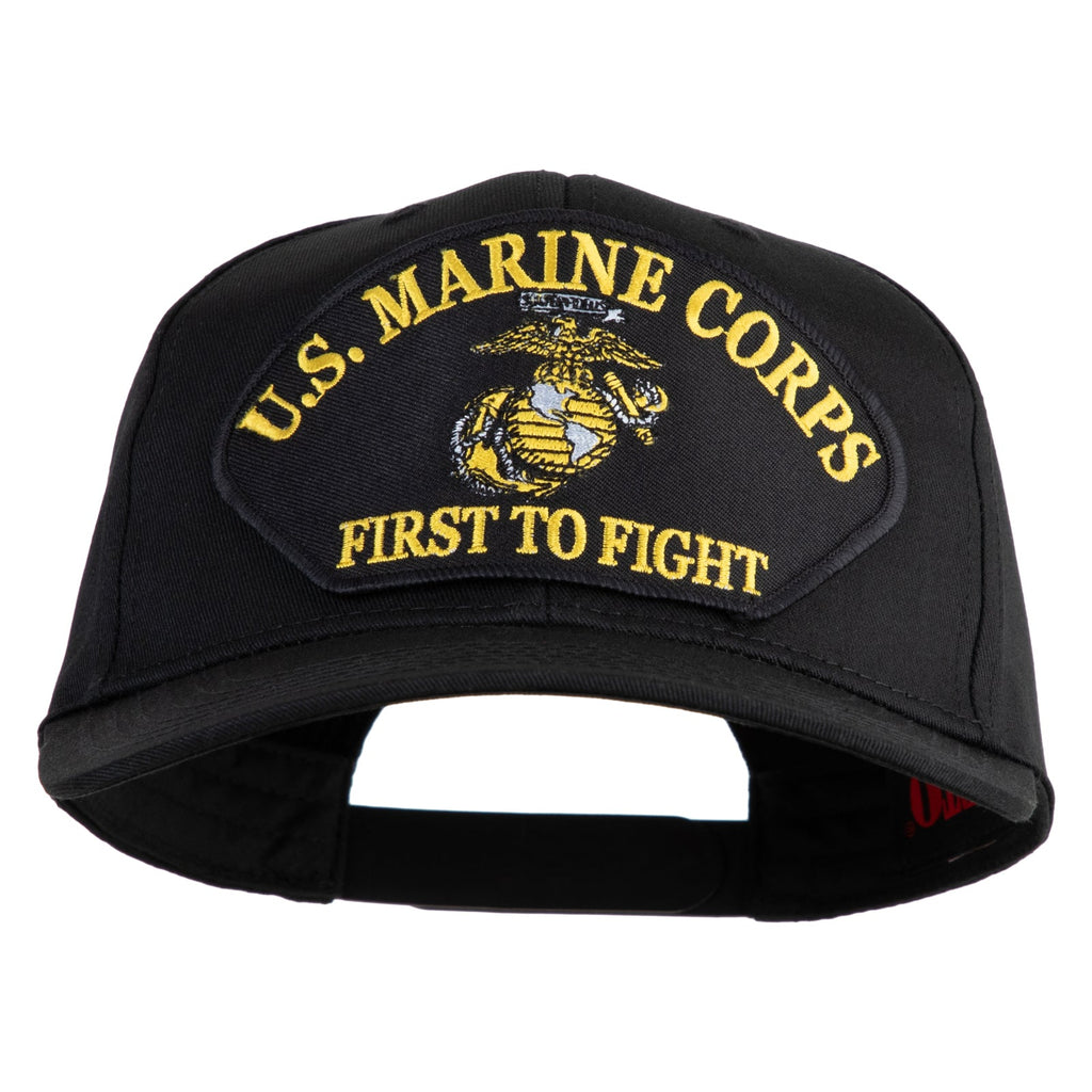 Black cap with U.S. Marine Corps logo and 'First to Fight' text on a white background