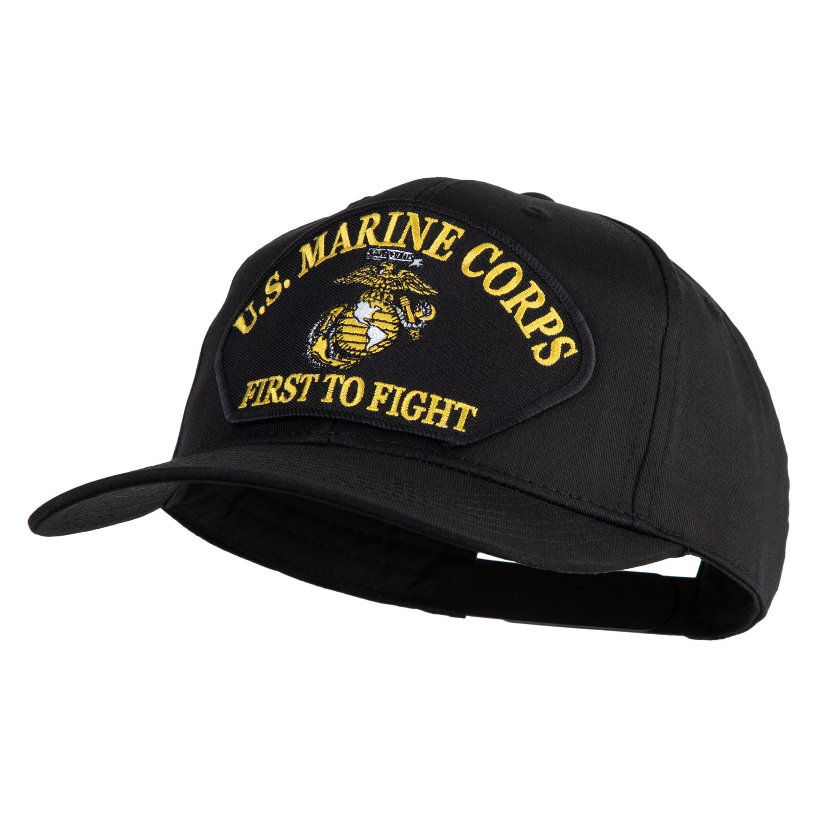 Black U.S. Marine Corps cap with yellow text and emblem on a white background