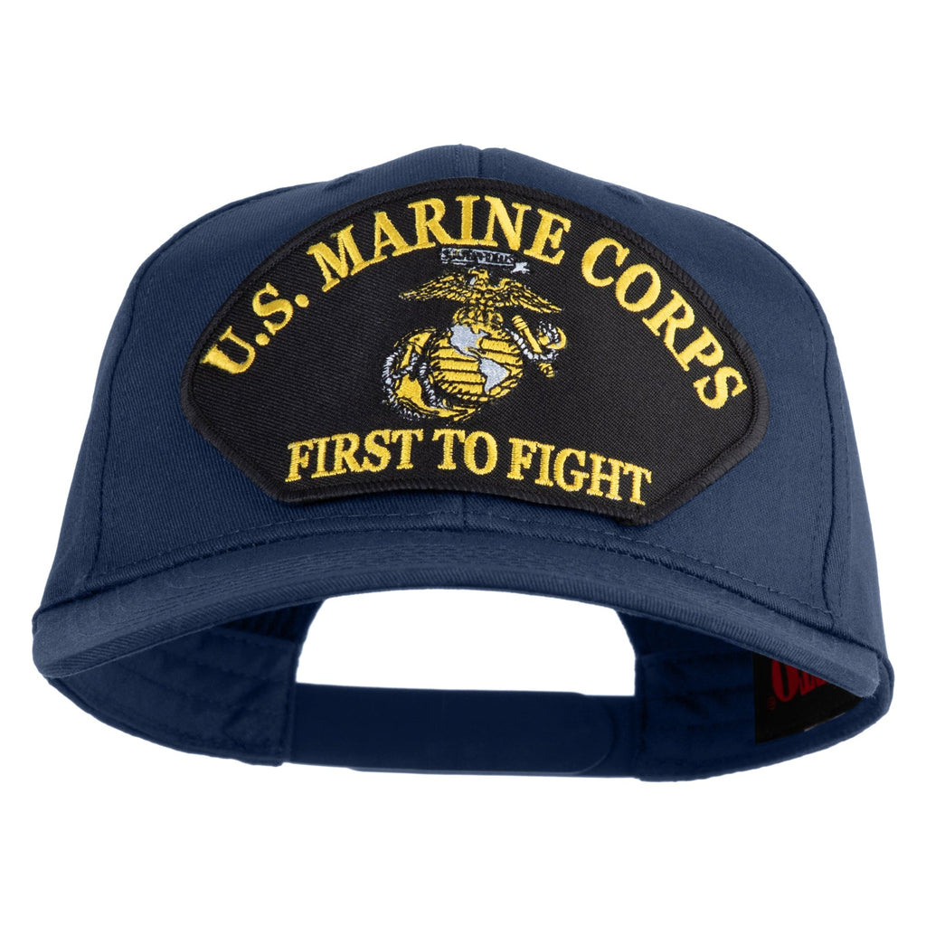 Blue cap with U.S. Marine Corps logo and 'First to Fight' text on a white background