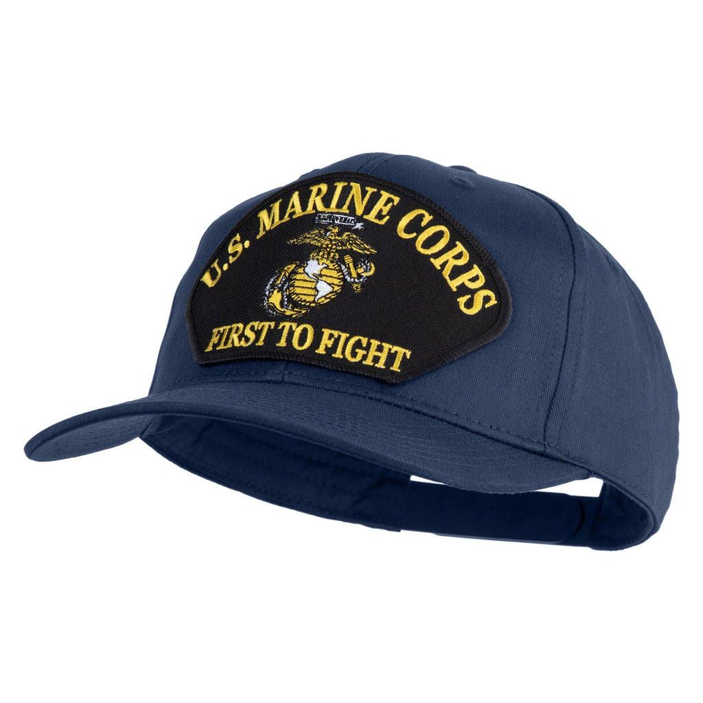 Blue U.S. Marine Corps cap with yellow text and emblem on a white background
