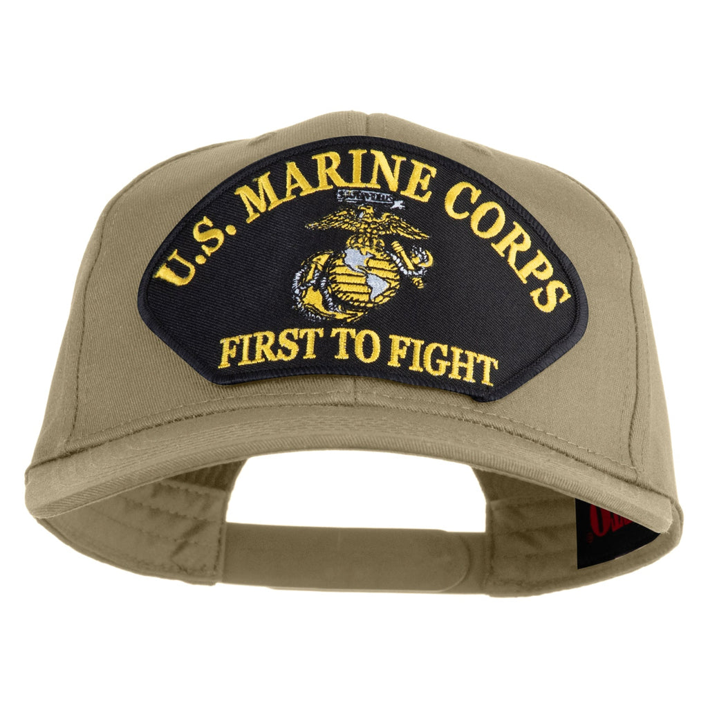 Khaki cap with U.S. Marine Corps patch on a white background