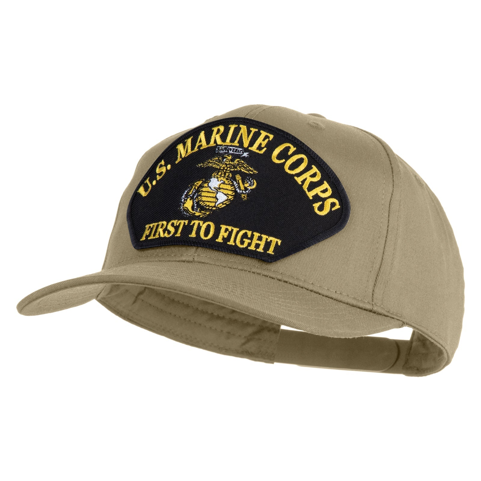 Khaki cap with U.S. Marine Corps logo and 'First to Fight' text on a white background