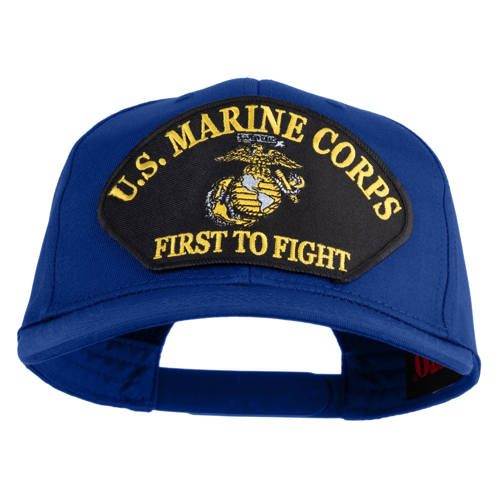 Blue cap with U.S. Marine Corps patch on a white background