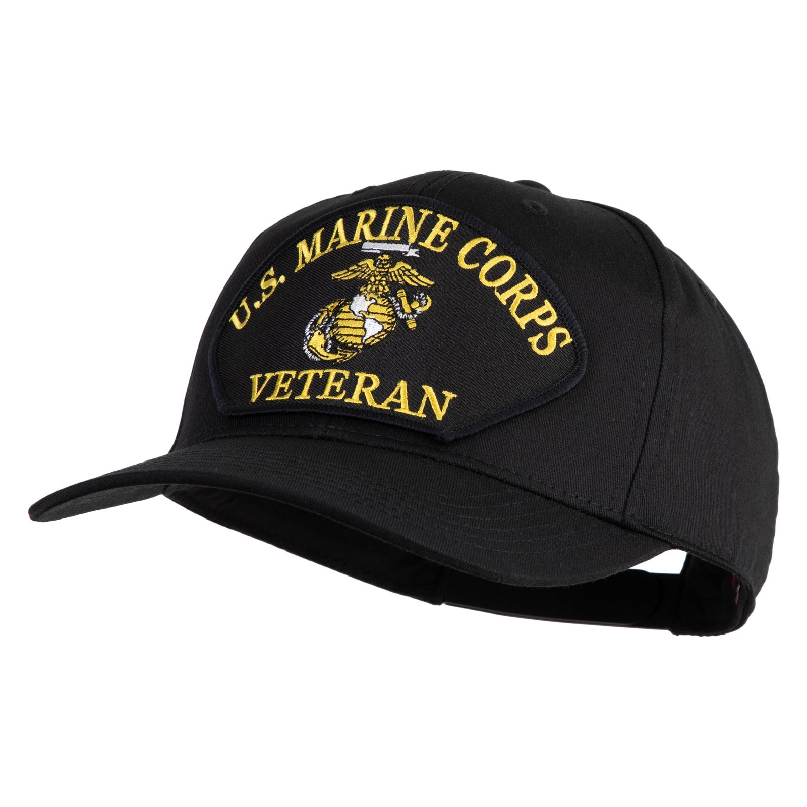 Black cap with U.S. Marine Corps Veteran text and logo on a white background