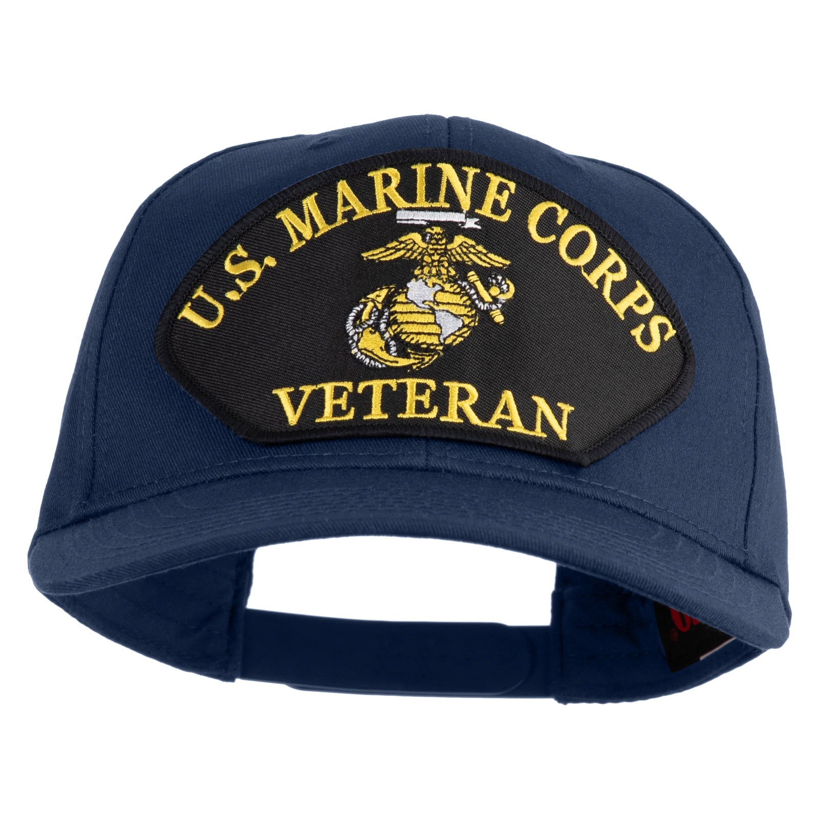 Blue cap with U.S. Marine Corps Veteran patch on a white background