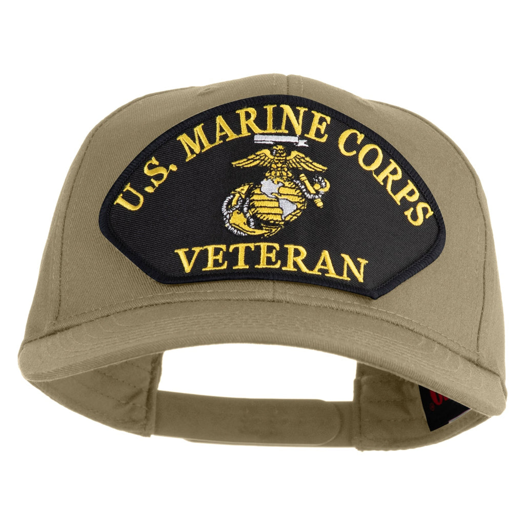 Khaki cap with U.S. Marine Corps Veteran patch on a white background