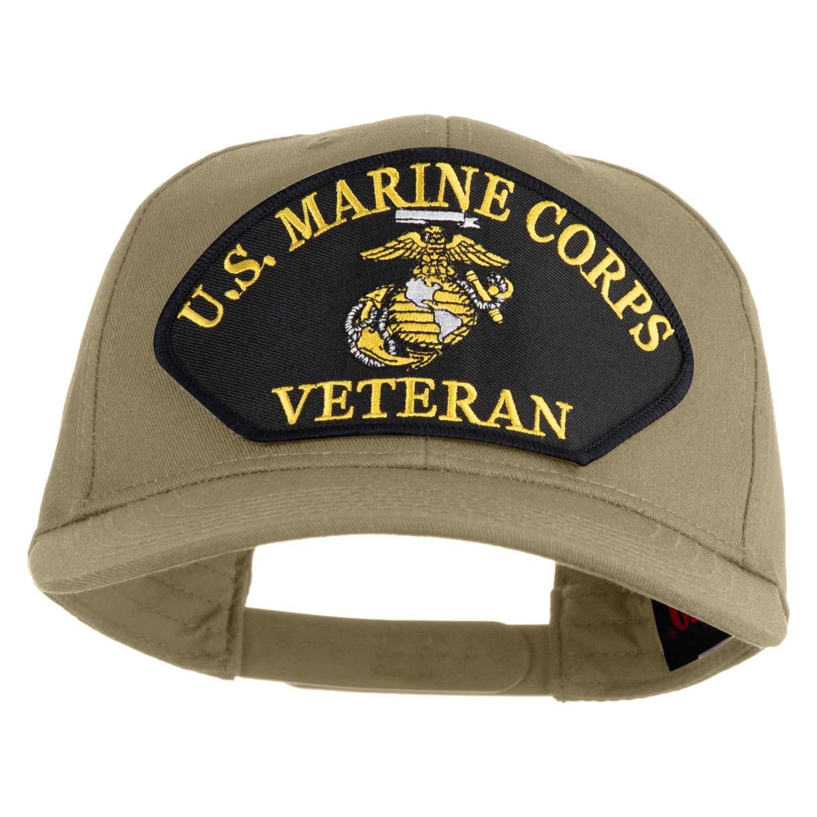 Khaki cap with U.S. Marine Corps Veteran patch on a white background