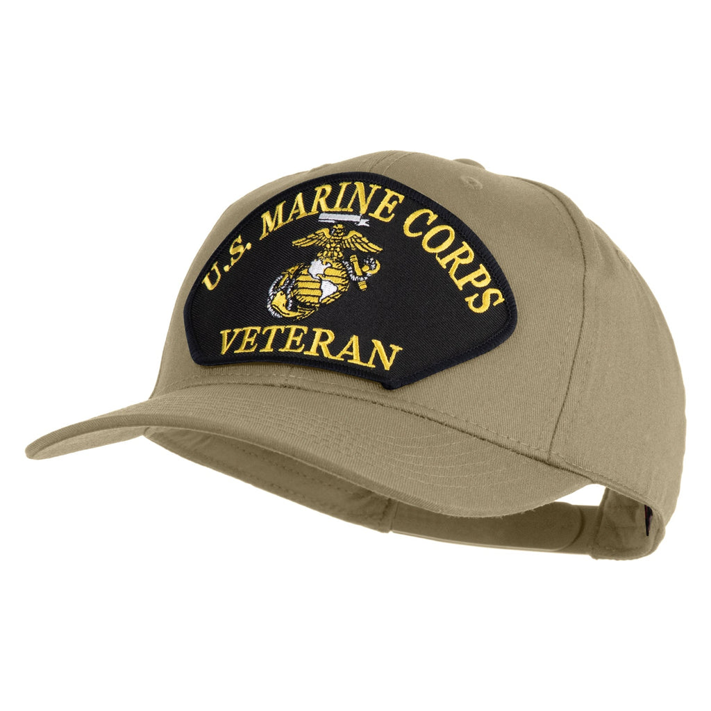 Khaki cap with U.S. Marine Corps Veteran patch on a white background