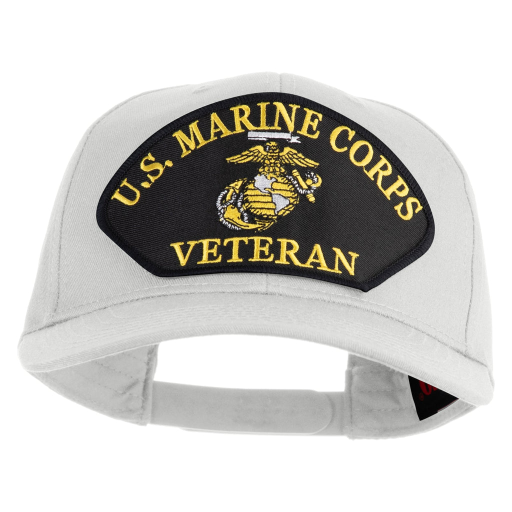 White cap with U.S. Marine Corps Veteran patch on a white background