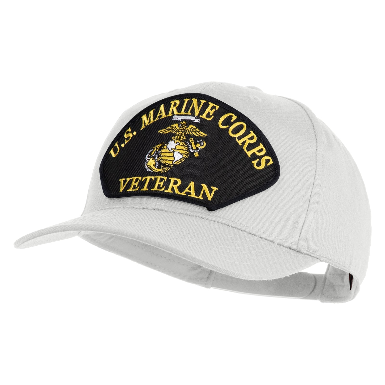 White cap with U.S. Marine Corps Veteran patch on a white background