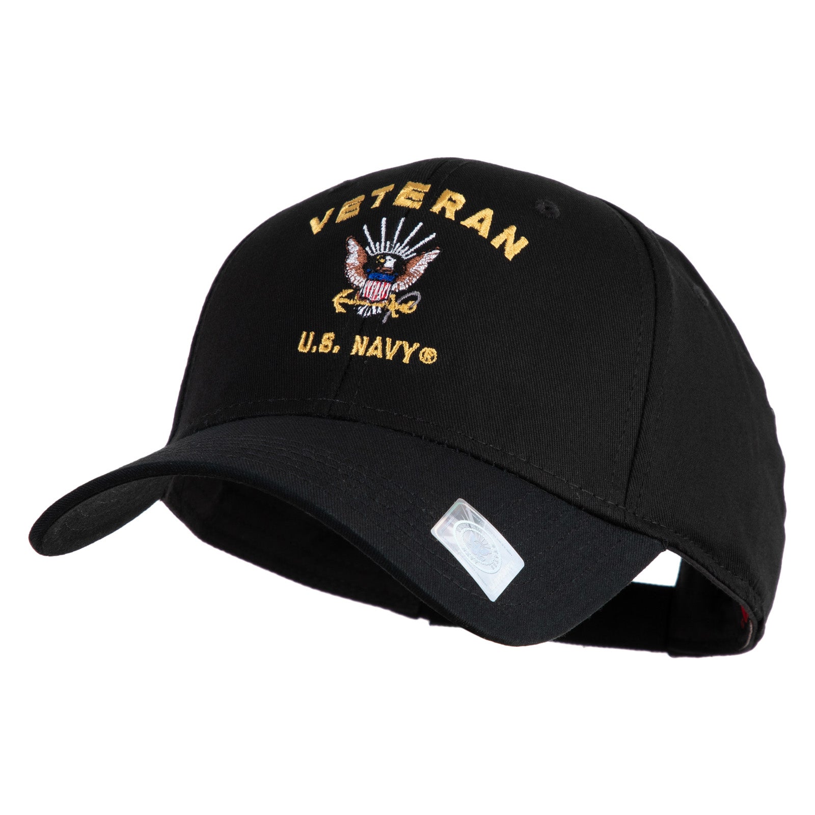 Black cap with 'Veteran U.S. Navy' embroidery on a white background