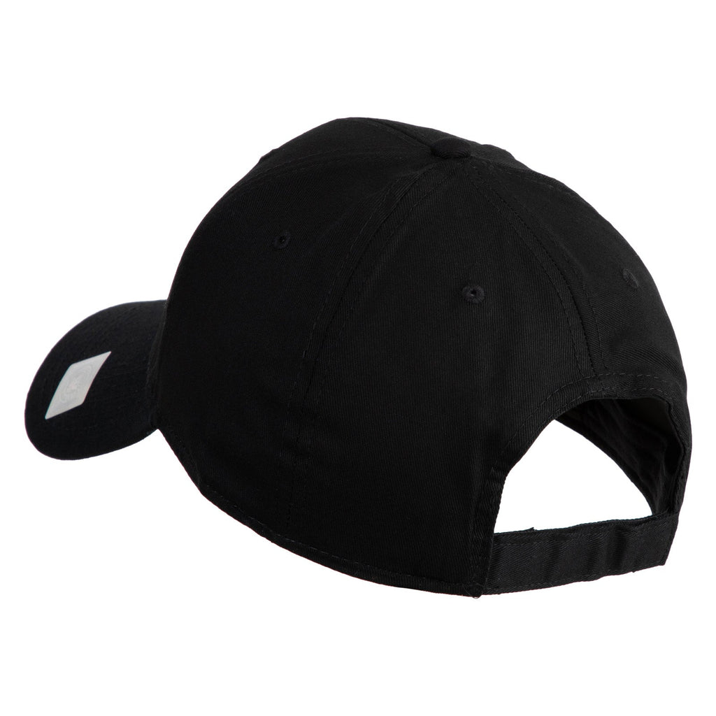 Black cap with a small white logo on a white background