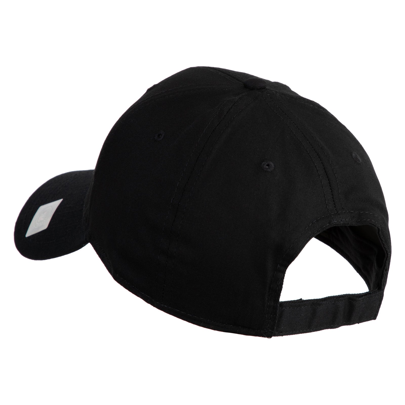 Black cap with a small white logo on a white background