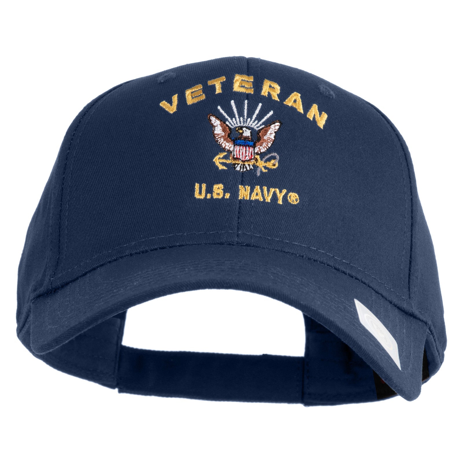 Navy blue cap with 'Veteran U.S. Navy' text and emblem on a white background