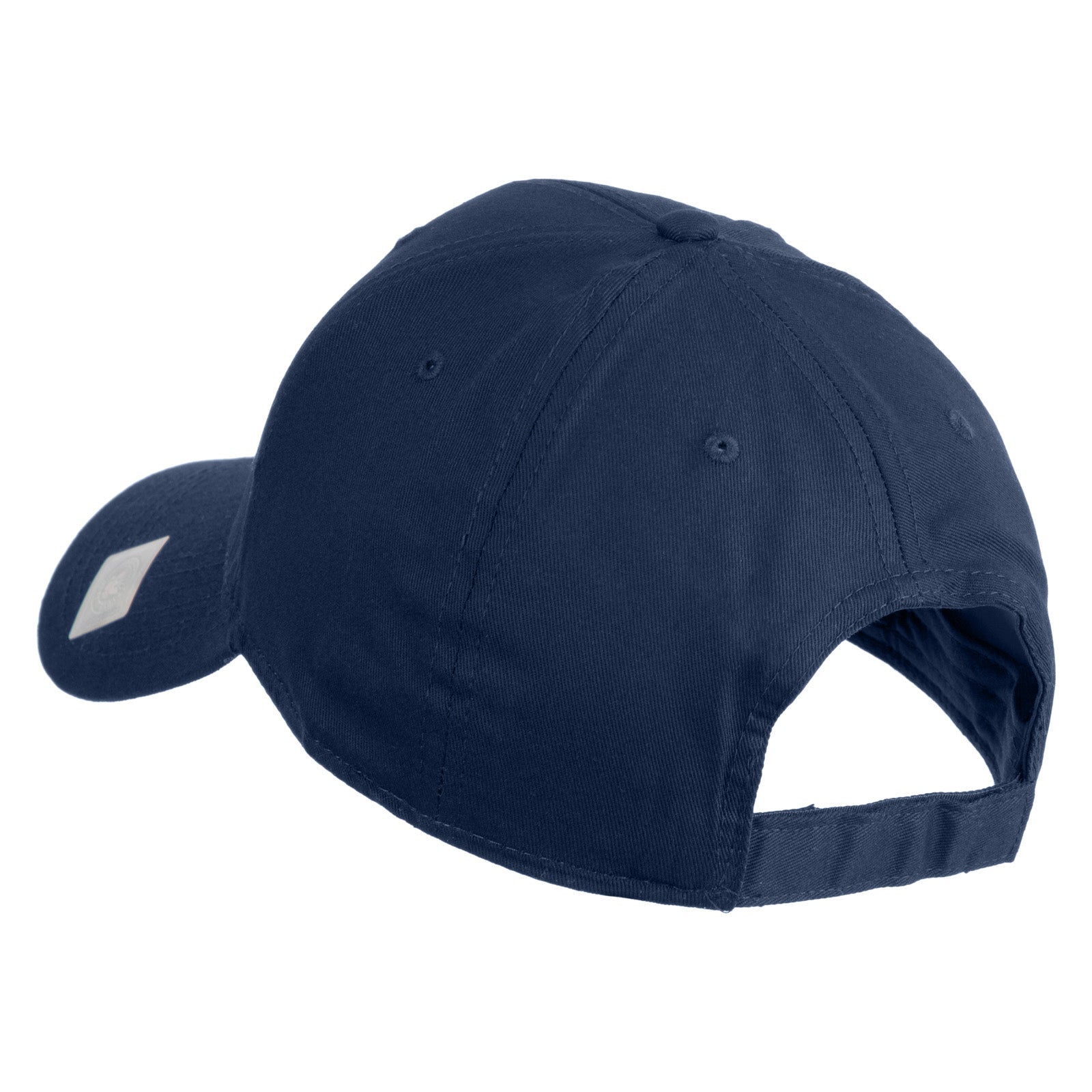Black cap with a small white logo on a white background