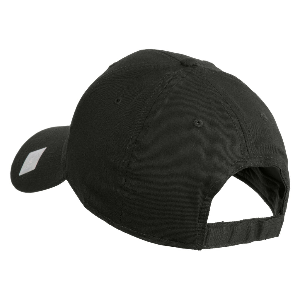 Black cap with a small white logo on a white background