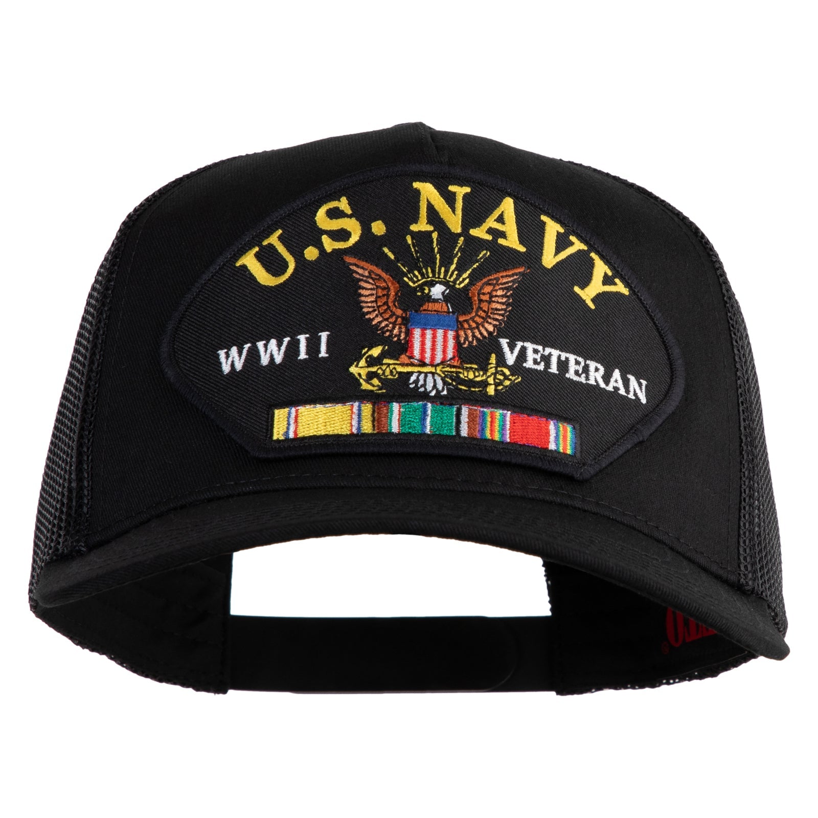 Black cap with U.S. Navy WWII Veteran patch on a white background