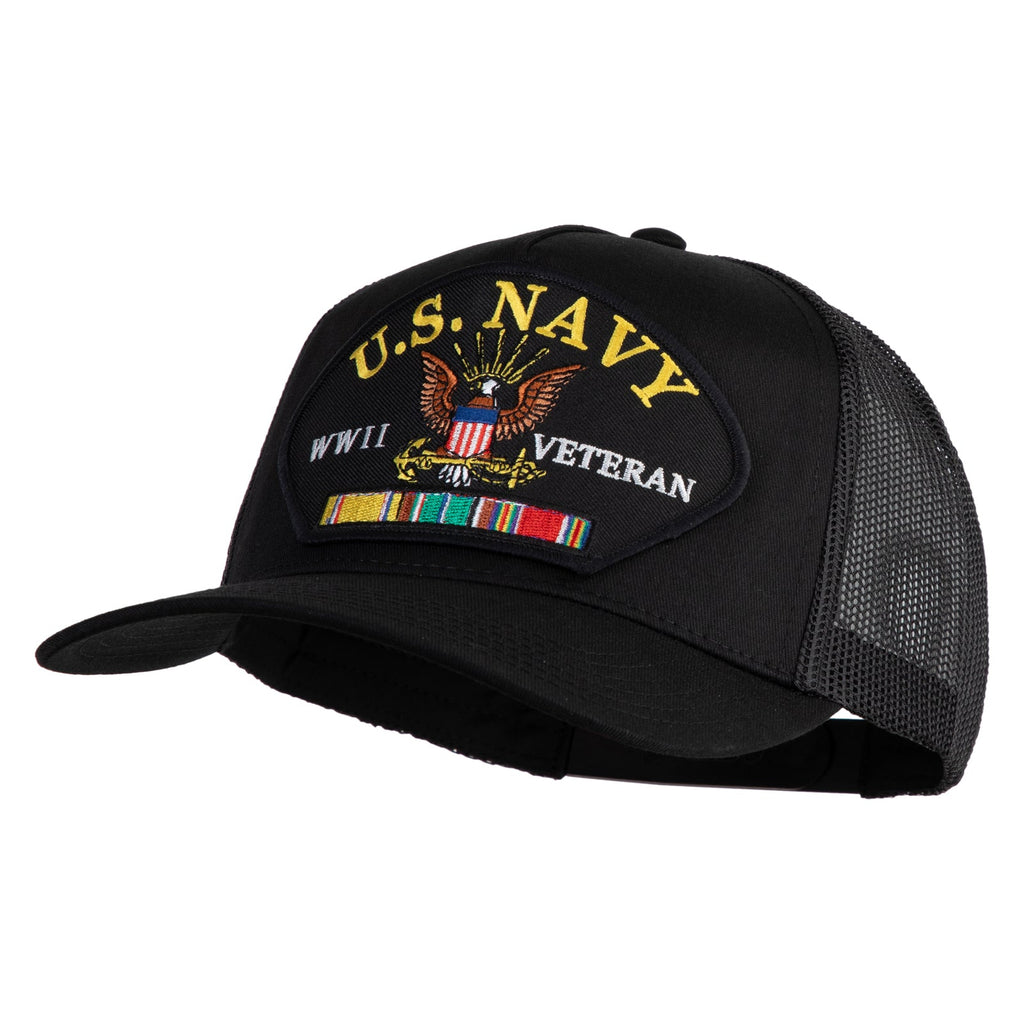 Black U.S. Navy veteran cap with embroidered details on a white background