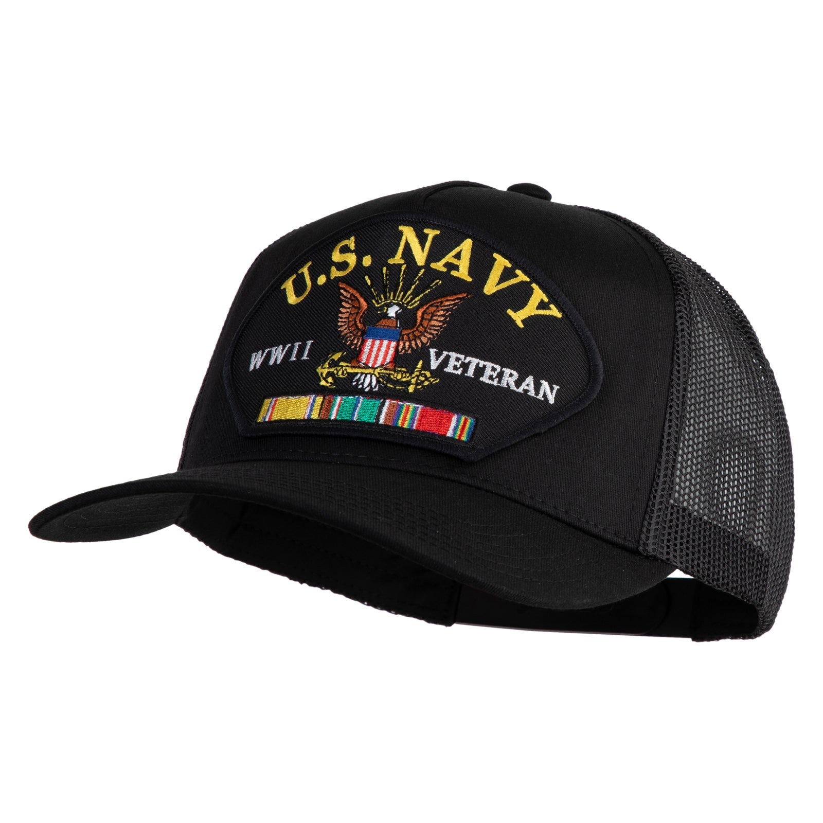 Black U.S. Navy veteran cap with embroidered details on a white background