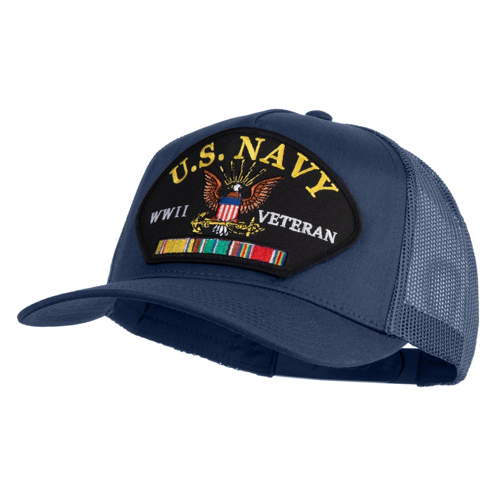 Blue cap with U.S. Navy WWII Veteran patch on a white background